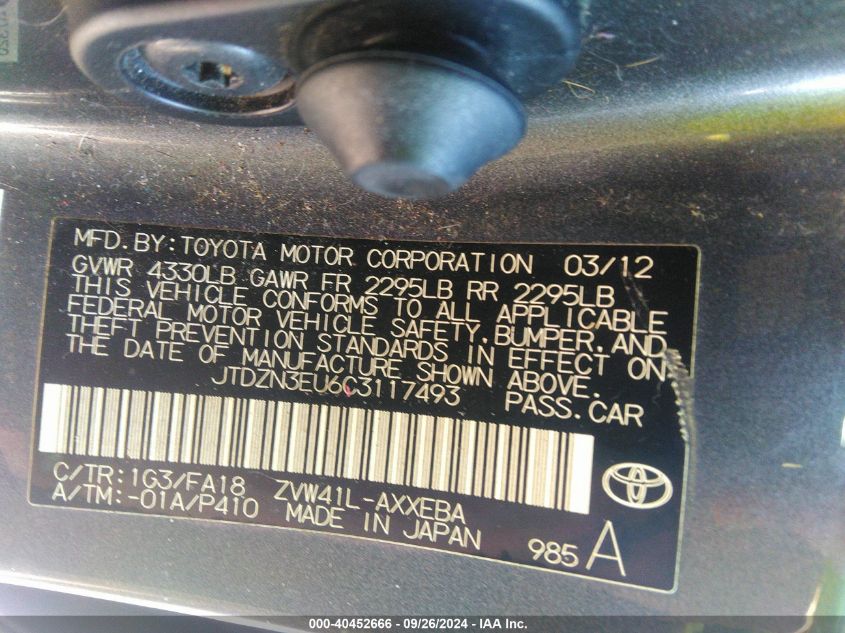 2012 Toyota Prius V Two VIN: JTDZN3EU6C3117493 Lot: 40452666