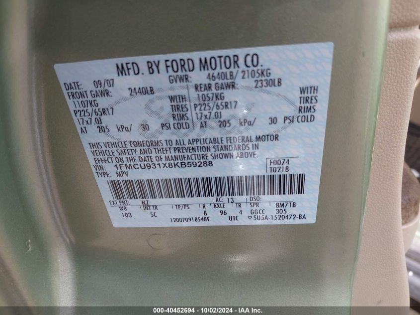 1FMCU931X8KB59288 2008 Ford Escape Xlt