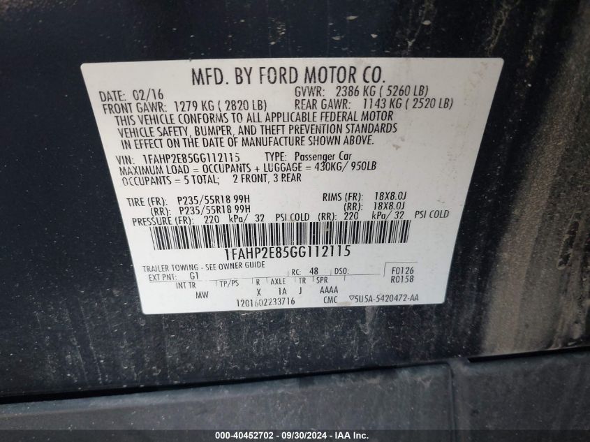 1FAHP2E85GG112115 2016 Ford Taurus Sel