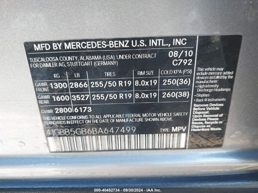 4JGBB5GB6BA647499 2011 Mercedes-Benz Ml 350