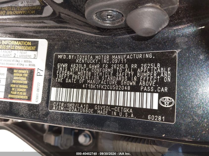 4T1BK1FK2CU502048 2012 Toyota Camry Se/Xle