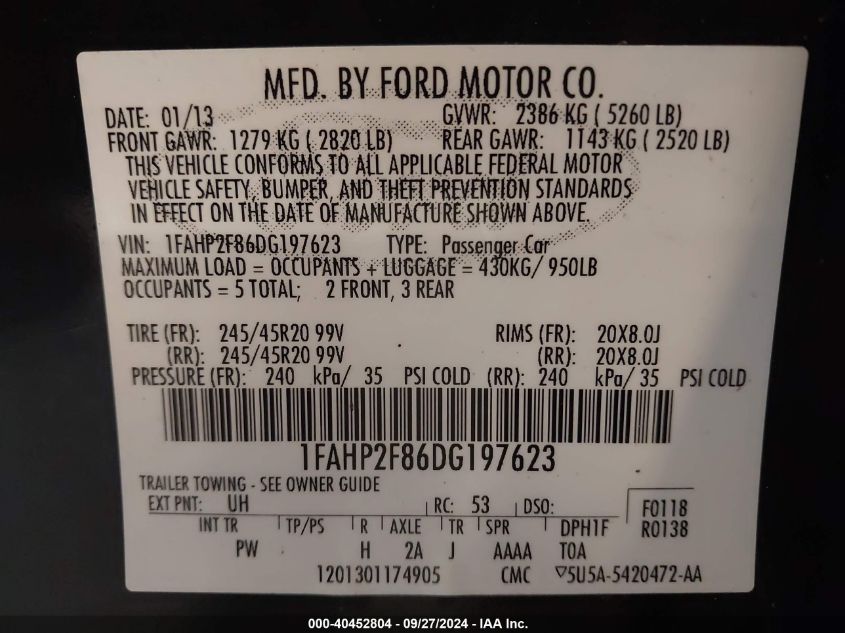 1FAHP2F86DG197623 2013 Ford Taurus Limited