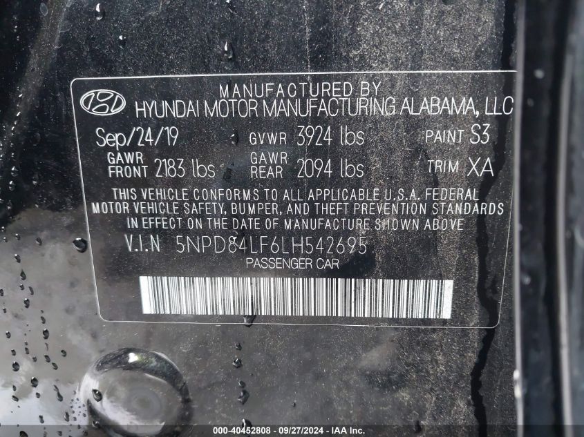 2020 Hyundai Elantra Limited VIN: 5NPD84LF6LH542695 Lot: 40452808