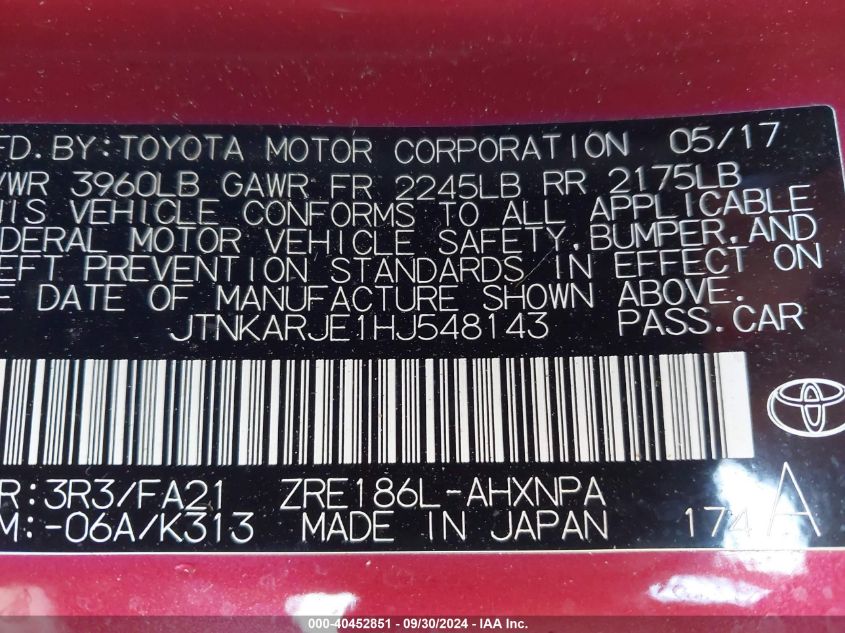 2017 Toyota Corolla Im VIN: JTNKARJE1HJ548143 Lot: 40452851