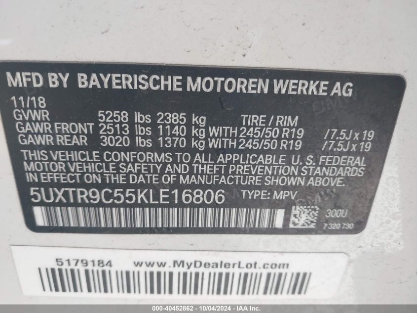 5UXTR9C55KLE16806 2019 BMW X3 xDrive30I