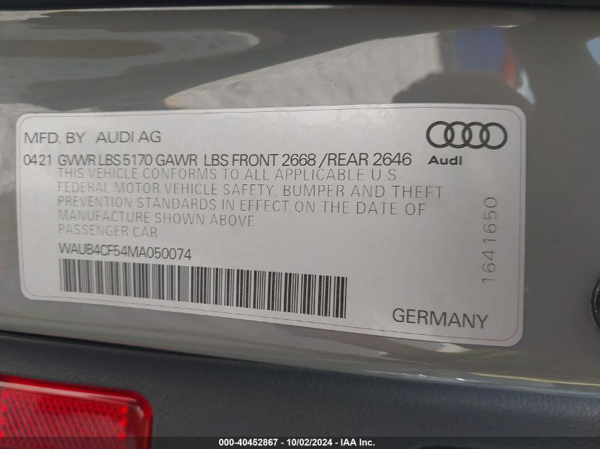 WAUB4CF54MA050074 2021 Audi S5 Sportback Prestige Tfsi Quattro Tiptronic