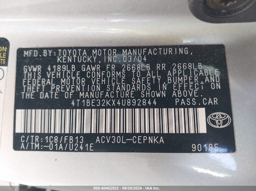 4T1BE32KX4U892844 2004 Toyota Camry Le