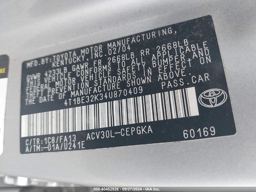 4T1BE32K34U870409 2004 Toyota Camry Xle