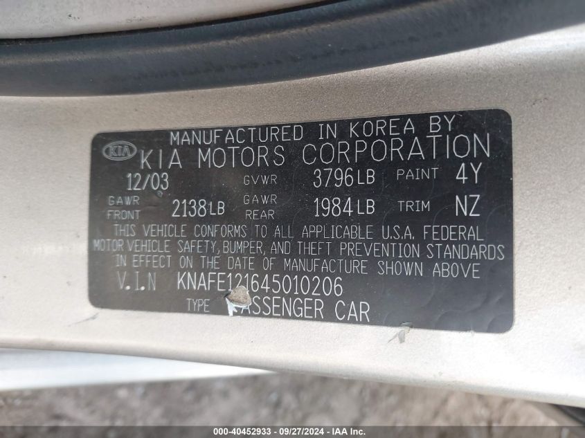 KNAFE121645010206 2004 Kia Spectra Ex/Lx