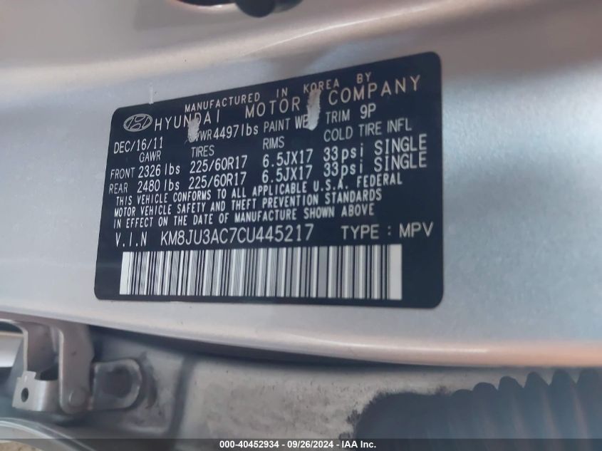 KM8JU3AC7CU445217 2012 Hyundai Tucson Gls