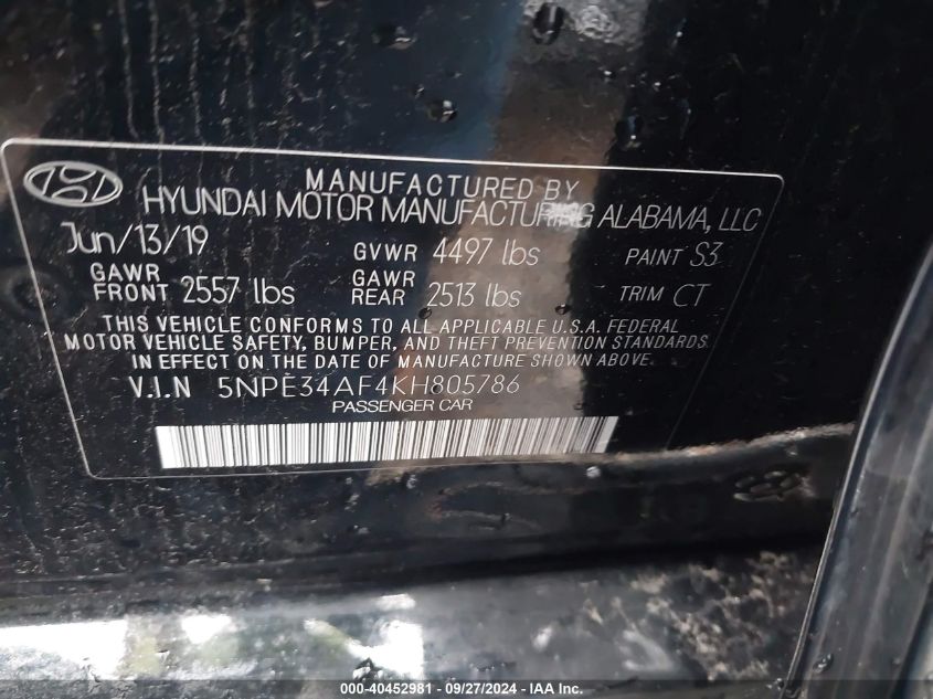 5NPE34AF4KH805786 2019 Hyundai Sonata Sel