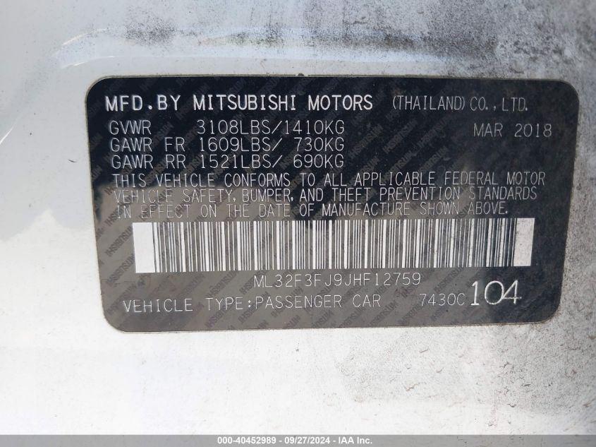 ML32F3FJ9JHF12759 2018 Mitsubishi Mirage G4 Es