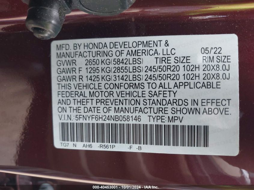 2022 Honda Pilot Awd Special Edition VIN: 5FNYF6H24NB058146 Lot: 40453001