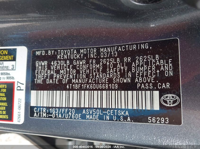 4T1BF1FK6DU668109 2013 Toyota Camry Se