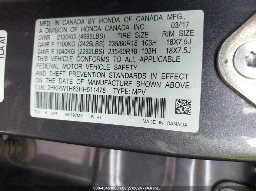 2017 Honda Cr-V Ex-L/Ex-L Navi VIN: 2HKRW1H83HH511478 Lot: 40453088