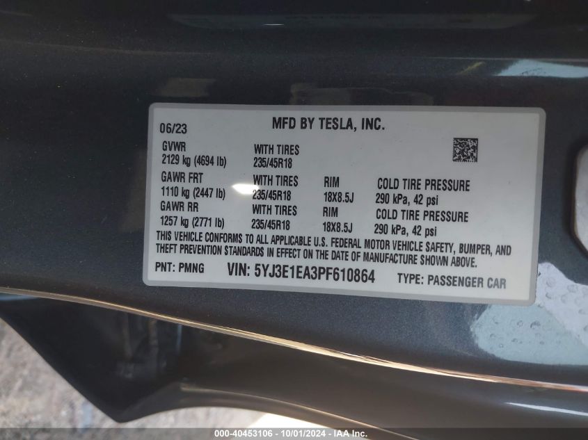 5YJ3E1EA3PF610864 2023 Tesla Model 3