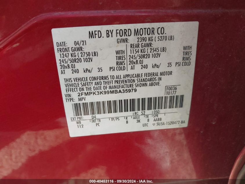 2021 Ford Edge Titanium VIN: 2FMPK3K99MBA35979 Lot: 40453116