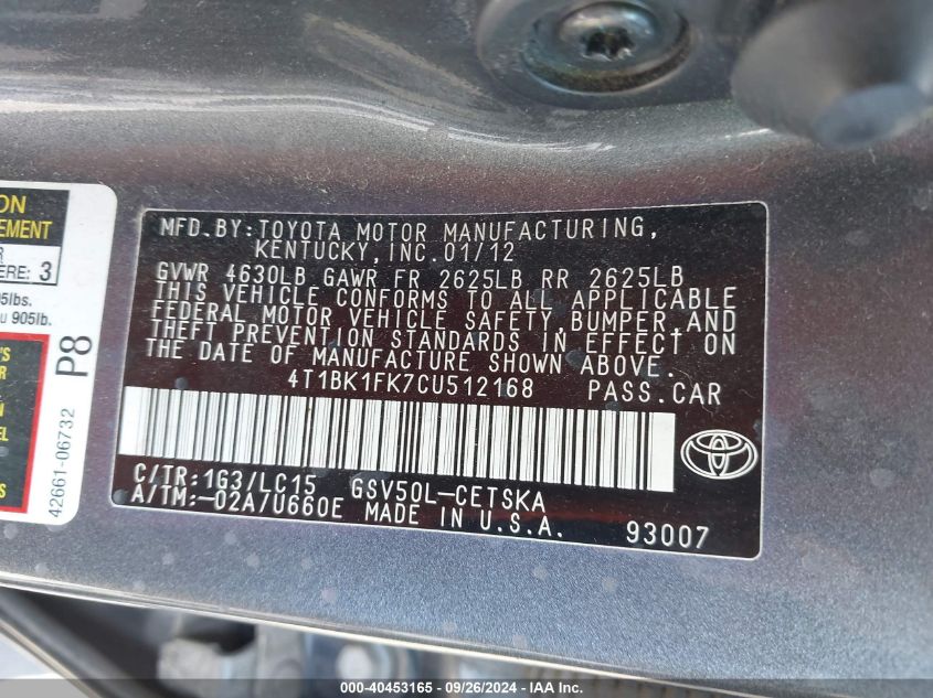 4T1BK1FK7CU512168 2012 Toyota Camry Se V6