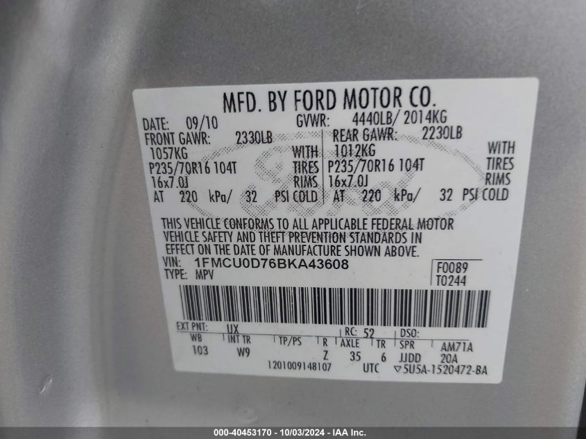 1FMCU0D76BKA43608 2011 Ford Escape Xlt