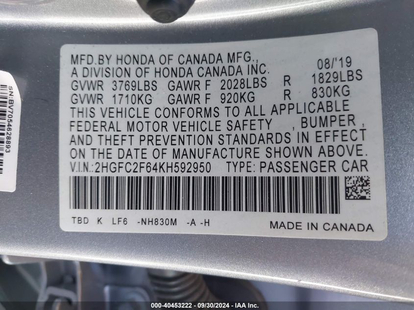 2HGFC2F64KH592950 2019 Honda Civic Lx