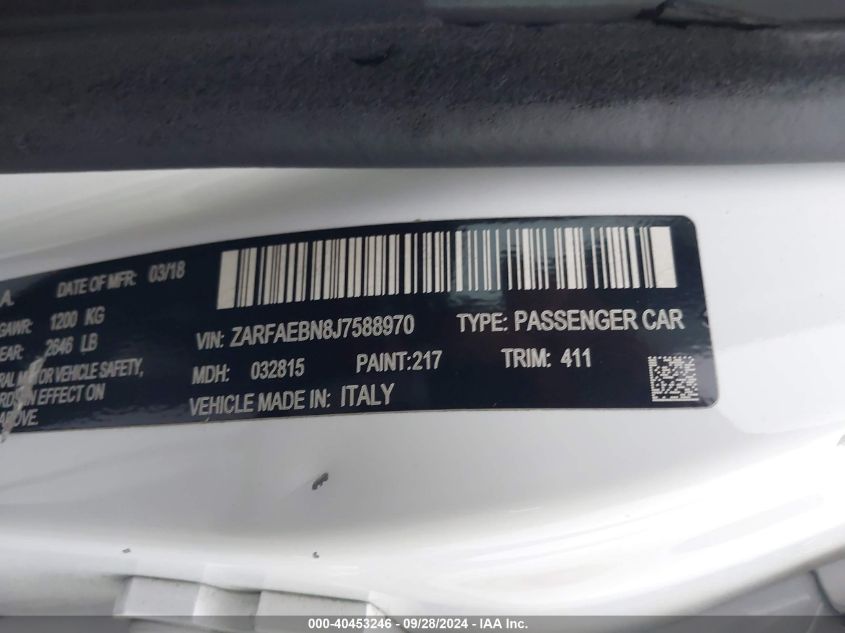 2018 Alfa Romeo Giulia Rwd VIN: ZARFAEBN8J7588970 Lot: 40453246