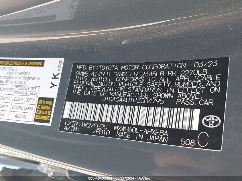 2023 Toyota Prius Le VIN: JTDACAAU1P3004795 Lot: 40453304