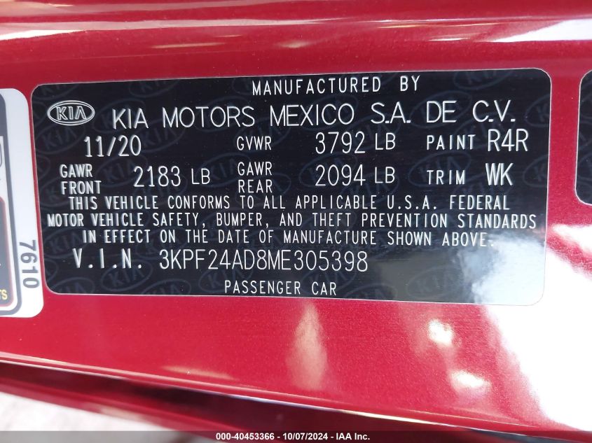 2021 Kia Forte Lxs VIN: 3KPF24AD8ME305398 Lot: 40453366