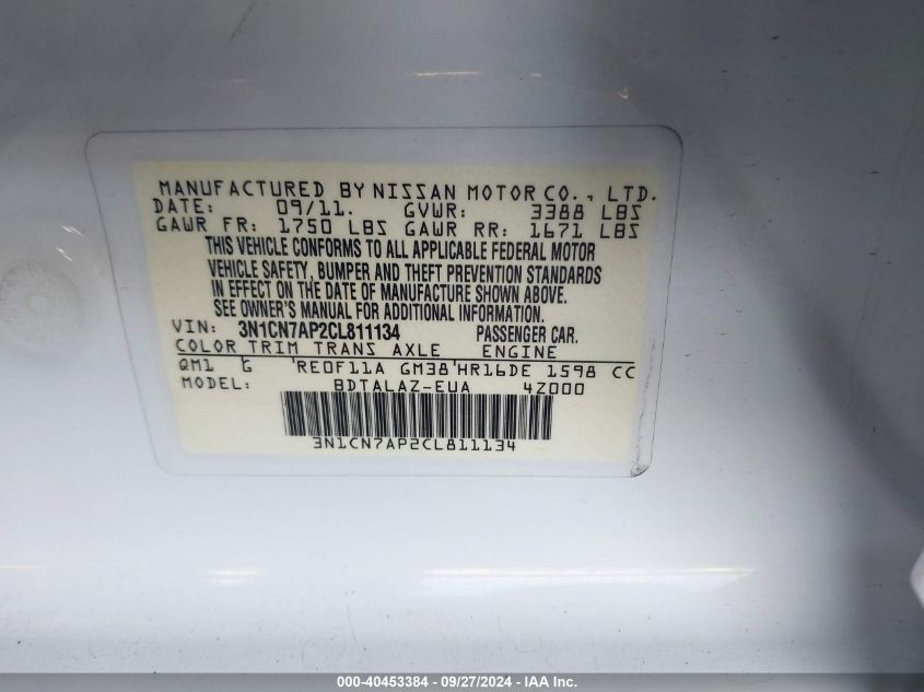 3N1CN7AP2CL811134 2012 Nissan Versa 1.6 S