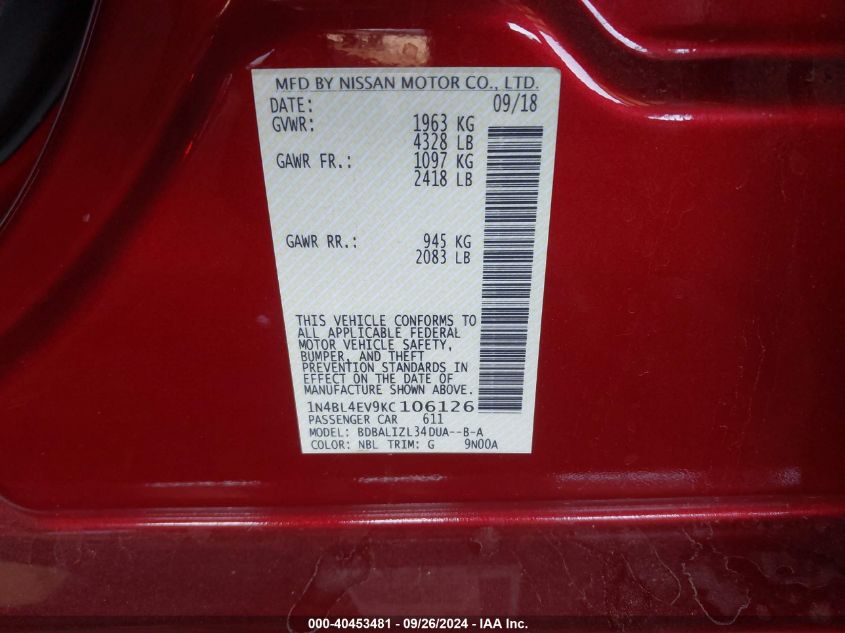 1N4BL4EV9KC106126 2019 Nissan Altima 2.5 Sl