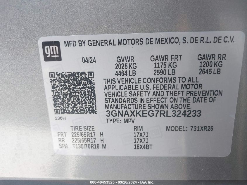 2024 Chevrolet Equinox Fwd Lt VIN: 3GNAXKEG7RL324233 Lot: 40453525