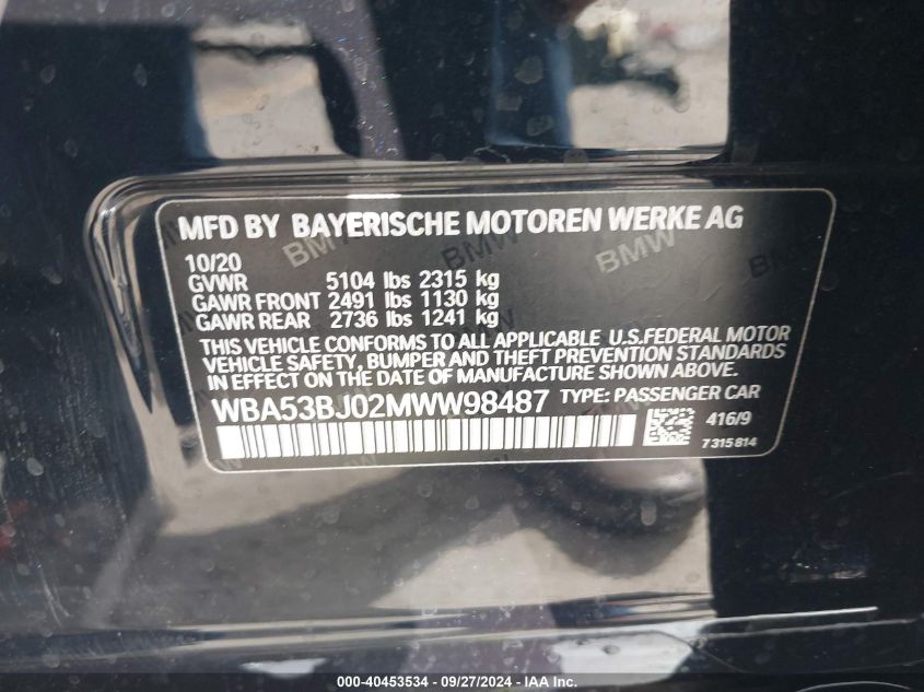 WBA53BJ02MWW98487 2021 BMW 540I