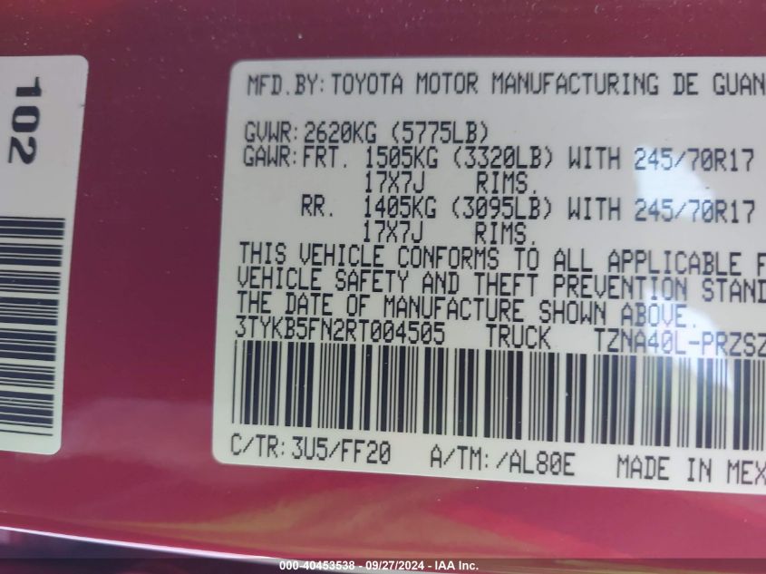 2024 Toyota Tacoma Sr5 VIN: 3TYKB5FN2RT004505 Lot: 40453538