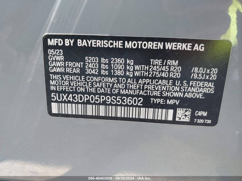 2023 BMW X3 Sdrive30I VIN: 5UX43DP05P9S53602 Lot: 40453559