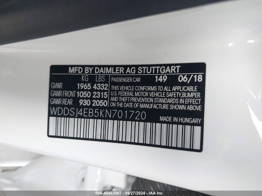 WDDSJ4EB5KN701720 2019 Mercedes-Benz Cla 250