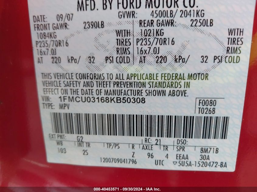 1FMCU03168KB50308 2008 Ford Escape Xlt