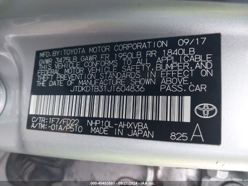 JTDKDTB31J1604836 2018 Toyota Prius C One