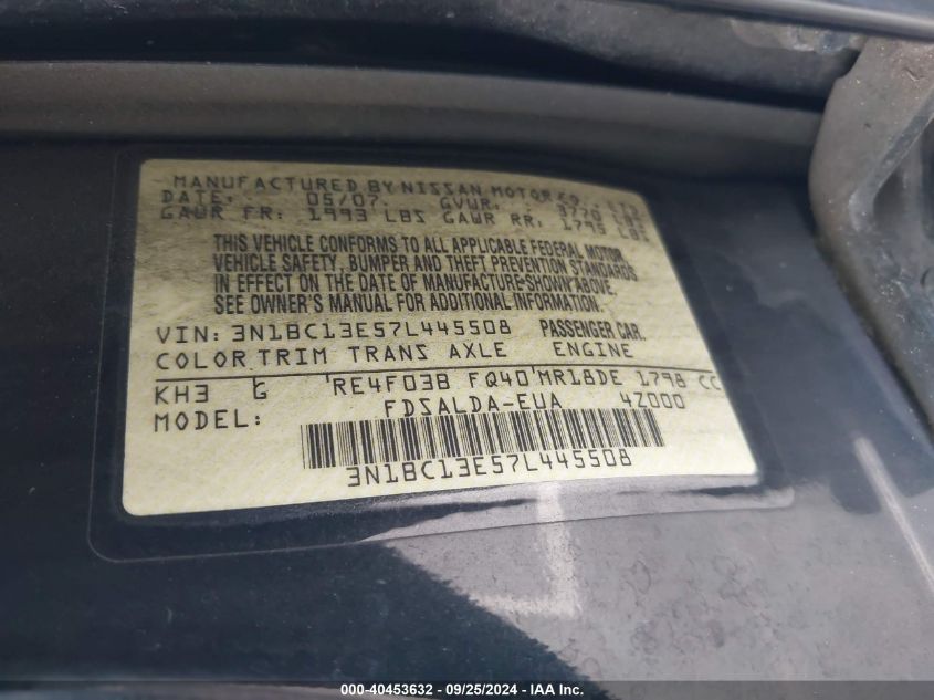 3N1BC13E57L445508 2007 Nissan Versa 1.8S