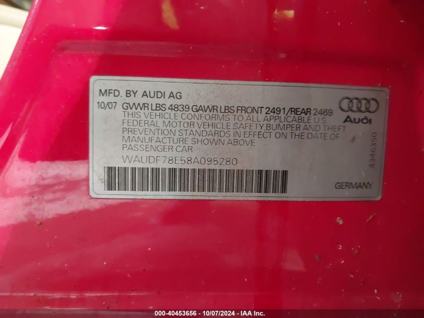 WAUDF78E58A095280 2008 Audi A4 2.0T Quattro