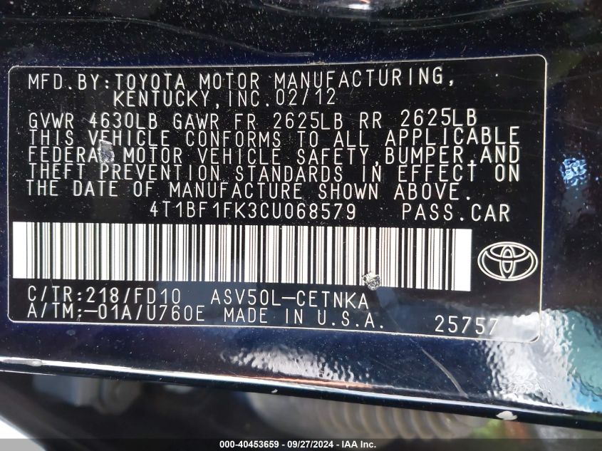 4T1BF1FK3CU068579 2012 Toyota Camry Le