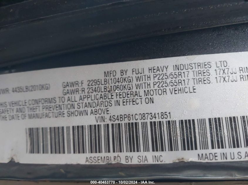 4S4BP61C087341851 2008 Subaru Outback 2.5I