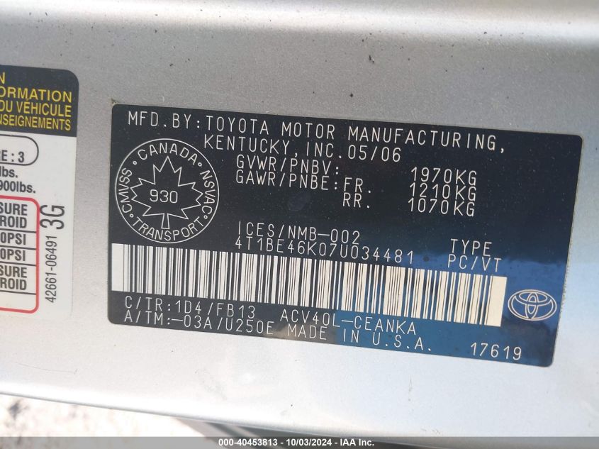 4T1BE46K07U034481 2007 Toyota Camry Le/Se