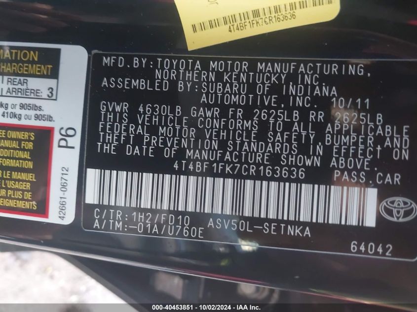 4T4BF1FK7CR163636 2012 Toyota Camry Le