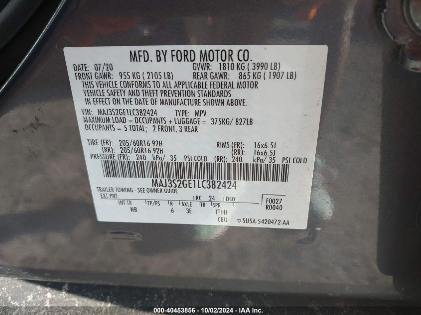 2020 Ford Ecosport Se VIN: MAJ3S2GE1LC382424 Lot: 40453856