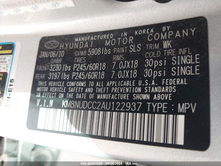 KM8NUDCC2AU122937 2010 Hyundai Veracruz Limited