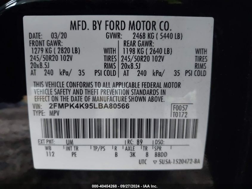 2020 Ford Edge Titanium VIN: 2FMPK4K95LBA80566 Lot: 40454268