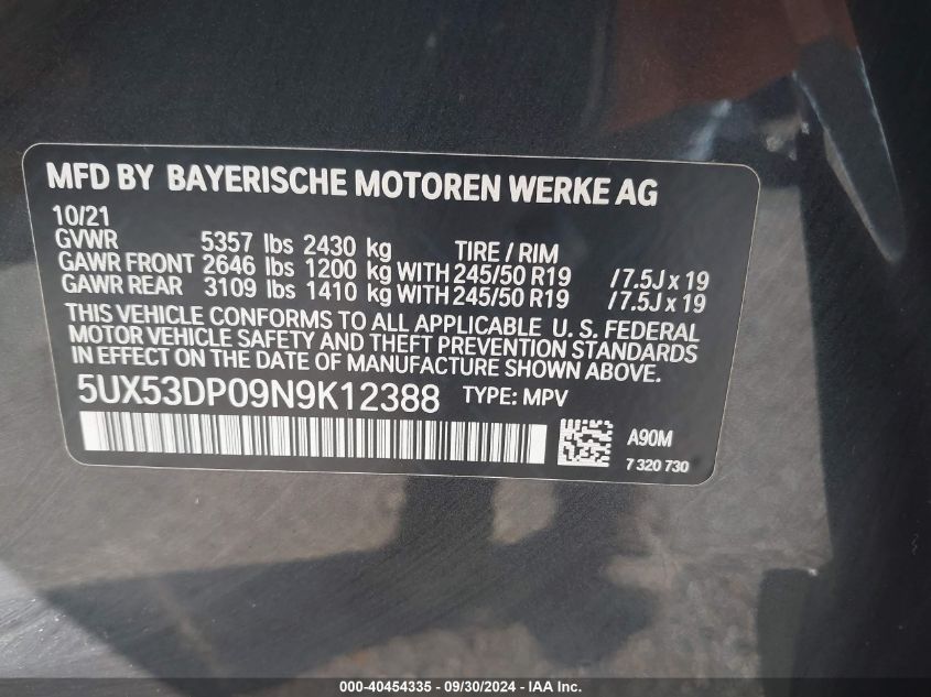 5UX53DP09N9K12388 2022 BMW X3 xDrive30I