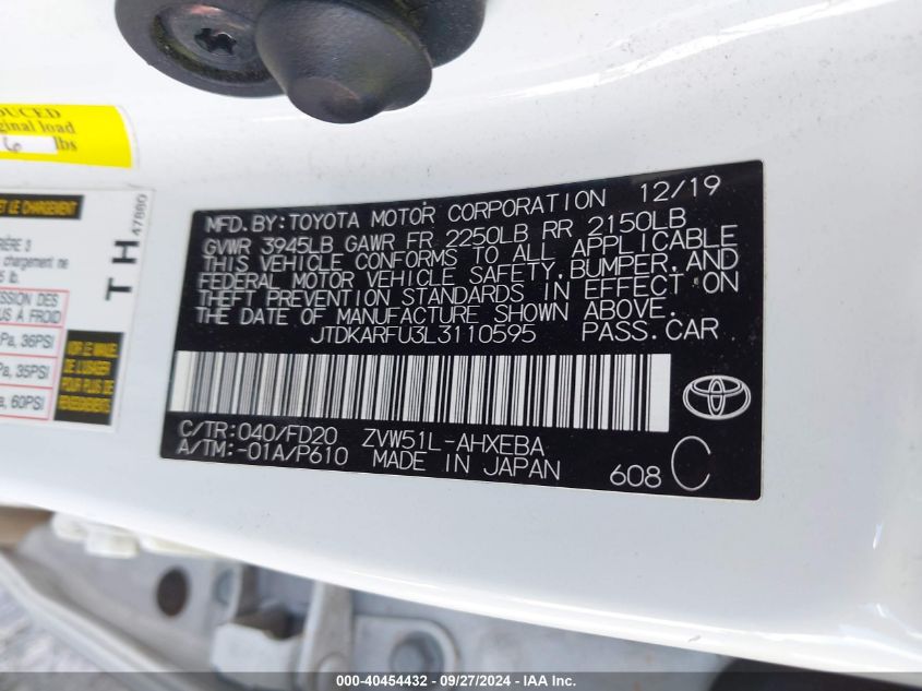 2020 Toyota Prius Le VIN: JTDKARFU3L3110595 Lot: 40454432