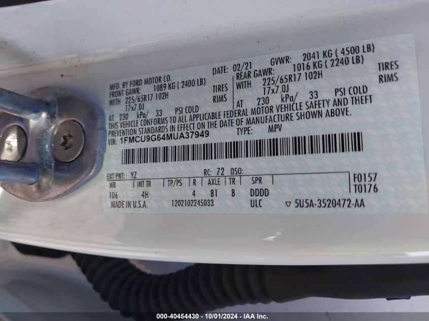 1FMCU9G64MUA37949 2021 Ford Escape Se