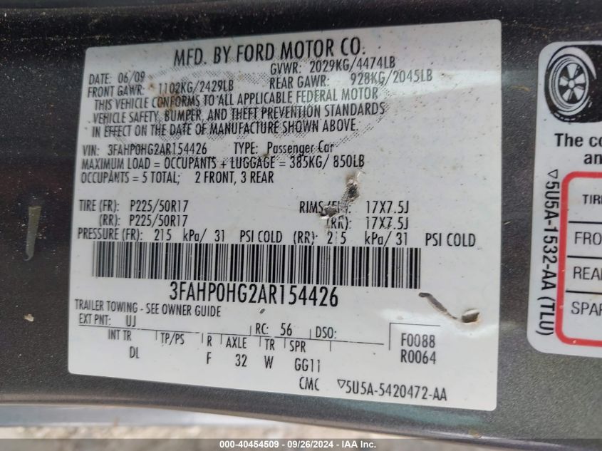 2010 Ford Fusion Se VIN: 3FAHP0HG2AR154426 Lot: 40454509