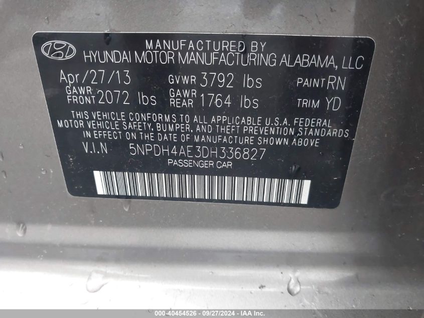 5NPDH4AE3DH336827 2013 Hyundai Elantra Gls